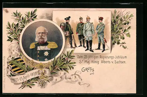 Lithographie 25 jähr. Regierungs-Jubiläum Sr. Maj. König Alberts v. Sachsen