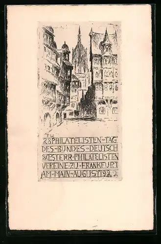 Künstler-AK Ganzsache PP61C3 /03: Frankfurt a. M., 28. Philatelisten-Tag, August 1922, Orig. Radierung
