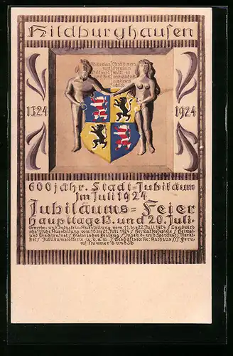Künstler-AK Hildburghausen, Festpostkarte zum 600 jähr. Stadt-Jubiläum 1924, Wappen