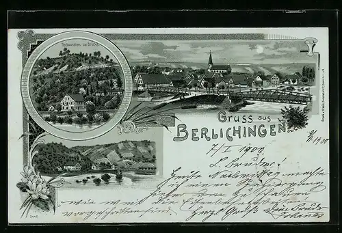 Mondschein-Lithographie Berlichingen, Restaurant zur Brücke, Teilansicht mit Brücke