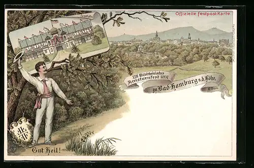 Lithographie Bad Homburg v. d. Höhe, XXIII. Mittelrheinisches Kreisturnfest 1897, Festhalle