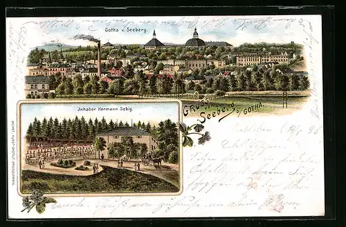 Lithographie Gotha, Gasthaus zum Seeberg von Hermann Sebig