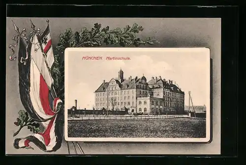 AK München-Giesing, Martinschule, Flaggen und Eichenzweig, Passepartout