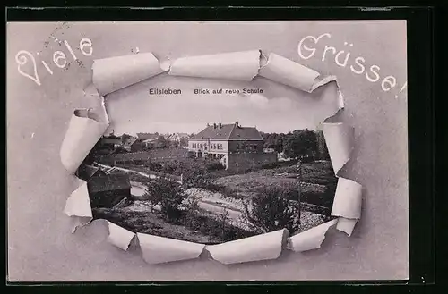 AK Eilsleben, Blick auf neue Schule durch zerrissenes Papier