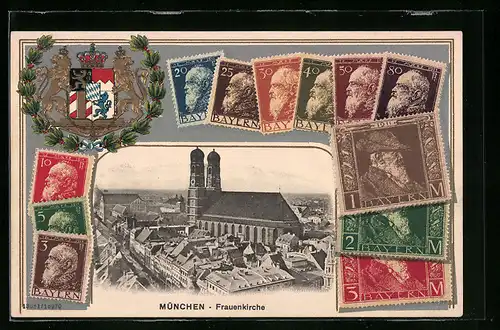 Präge-AK München, Frauenkirche, Wappen und Briefmarken
