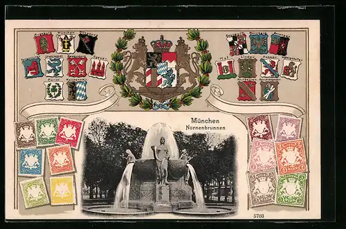 AK München, Nornenbrunnen, Wappen mit Briefmarken