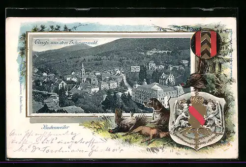 Passepartout-Lithographie Badenweiler /Schwarzwald, Teilansicht, Wappen