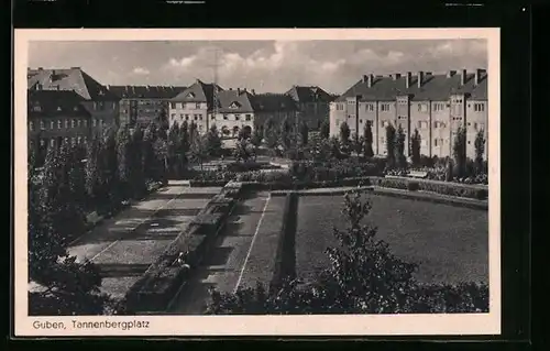 AK Guben, Tannenbergplatz mit Blick auf Häuser aus der Vogelschau