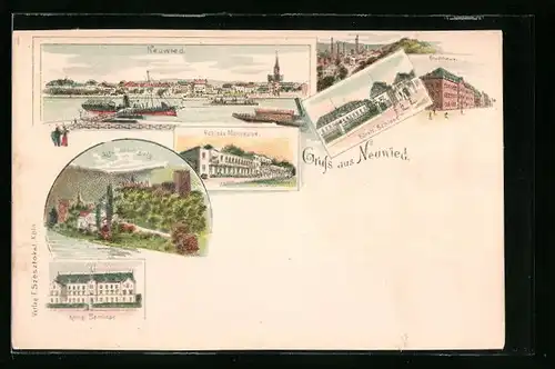 Lithographie Neuwied, Panorama mit Schiffen, Schloss Monrepos, Stadthaus, Altwied