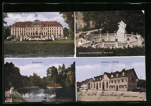 AK Donaueschingen, Fürstliches Schloss, Donauquelle, Gasthaus z. Sternen