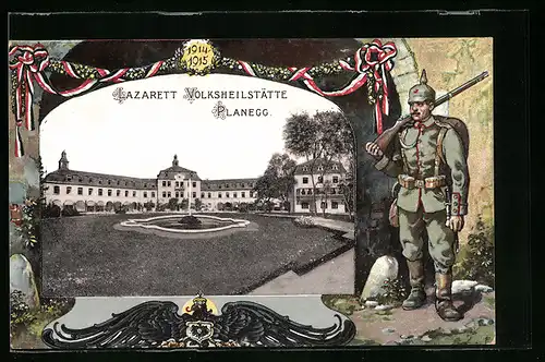 Künstler-AK Planegg, Lazarett Volksheilstätte mit Anlagen, Soldat, Reichsadler