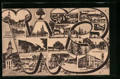 Künstler-AK Wendisch-Buchholz, Kirche, Strassenpartie, Teilansicht