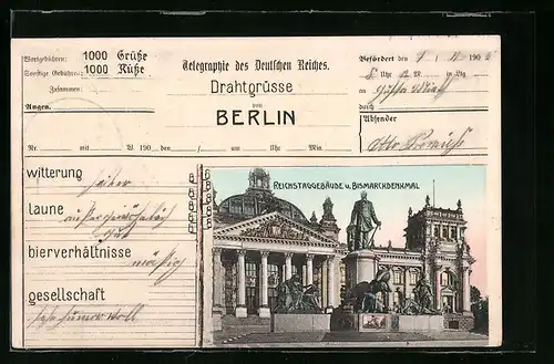 Künstler-AK Berlin, Reichstagsgebäude und Bismarckdenkmal auf scherzhaftem Telegramm-Formular