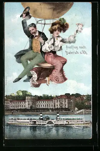 AK Biebrich a. Rh., Fliegendes Ehepaar im Ballon über dem Rhein