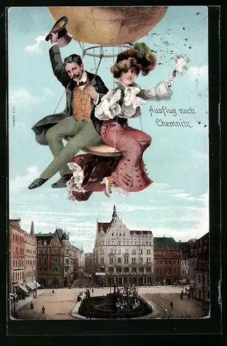 AK Chemnitz, Fliegendes Ehepaar im Ballon über dem Marktplatz