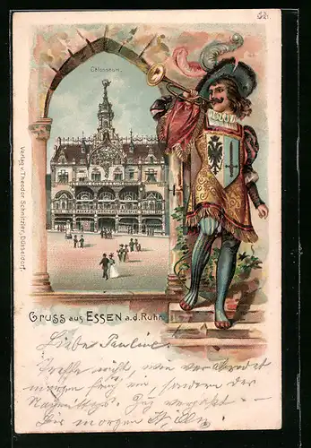 Passepartout-Lithographie Essen a. d. Ruhr, Passanten am Colosseum, Trompeter mit Wappen