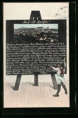 Schultafel-AK Gotha, Totalansicht mit Burganlagen aus der Vogelschau