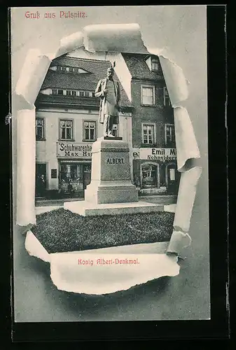 AK Pulsnitz, Ortspartie am König Albert-Denkmal