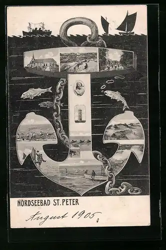 AK St. Peter a. d. Nordsee, Ankermotiv mit versch. Strandpartien