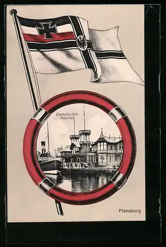 AK Flensburg, Dampfschiff-Pavillon mit Flagge der kaiserlichen Marine