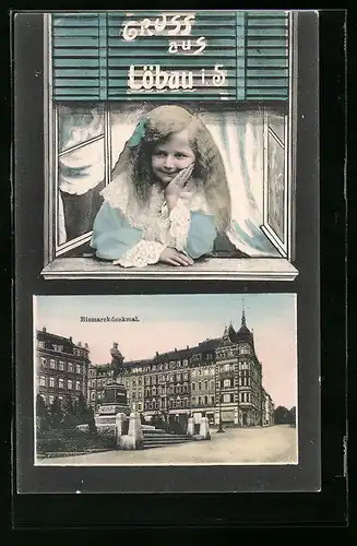 AK Löbau i. Sa., Strassenpartie am Bismarckdenkmal