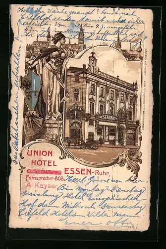 Lithographie Essen a. d. Ruhr, Union-Hotel von C. Stölting
