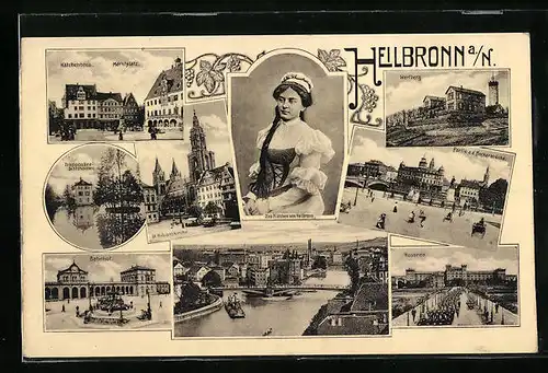 AK Heilbronn a. N., Wartberg, Marktplatz und Bahnhof