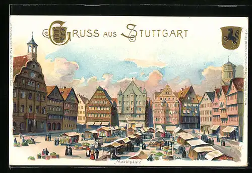 Lithographie Stuttgart, Strassenpartie am Marktplatz