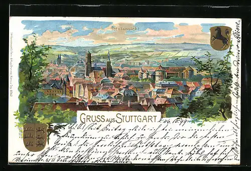 Lithographie Stuttgart, Totalansicht der Stadt