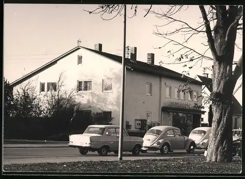 Fotografie unbekannter Fotograf, Ansicht Ostrach, Geschäftshaus mit Rewe Supermarkt Kugler