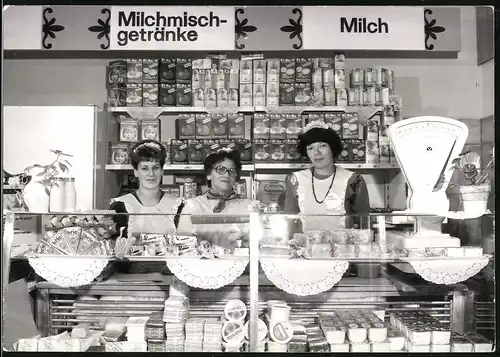 Fotografie H. Dieck, Magdeburg, Verkaufsdamen in einem Laden für Milchprodukte, hinter dem Verkaufstresen stehend