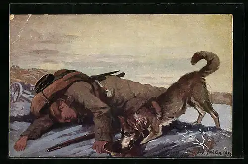 Künstler-AK Sanitätshund hat einen verwundeten Soldaten gefunden