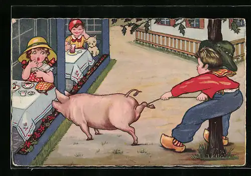 Künstler-AK Schwein ist an gedeckten Tischen interessiert