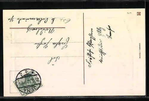 Präge-AK Zwei Maikäfer auf Birkenblättern vor Schultafel, Pfingstgruss