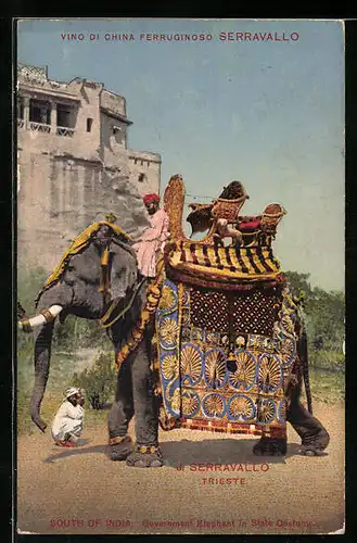 AK Geschmückter Elefant mit Sänfte und Führer mit Turban