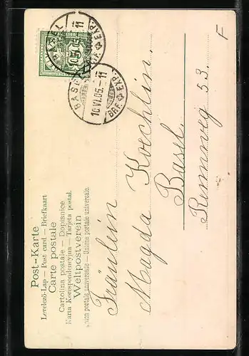 Lithographie Maikäfer an einem kleinen Nistkasten in einem blühenden Baum, Pfingstgruss