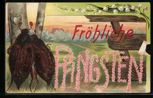 Künstler-AK Maikäfer-Paar an einem Baum mit eingeritztem Herz in Frühlingslandschaft, Pfingstgruss