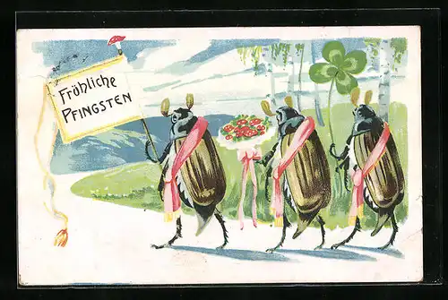 Künstler-AK Drei Maikäfer mit Schärpen, Blumen und Glücksklee unterwegs zum Pfingstbesuch, Pfingstgruss