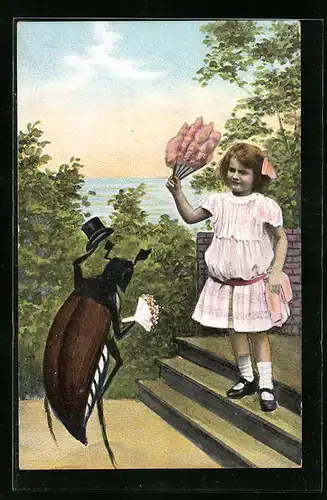 Künstler-AK Maikäfer lüftet seinen Zylinder, um ein Mädchen zu begrüssen