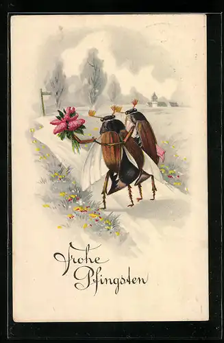 Künstler-AK Maikäferpaar mit Fliederstrauss auf einer Landstrasse, Pfingstgruss