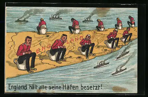 AK Engländer auf einer stilisierten Landkarte auf Nachttöpfen sitzend
