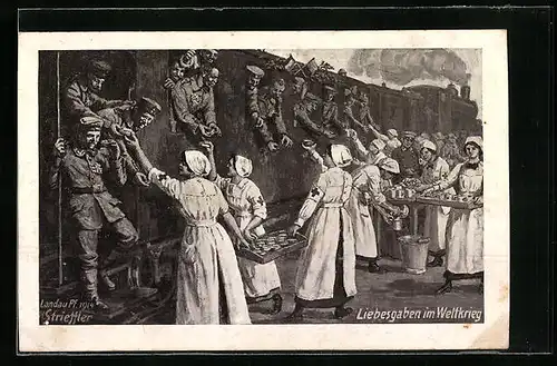 Künstler-AK sign. H. Strieffler: Rotkreuzschwestern reichen deutschen Soldaten Geschenke