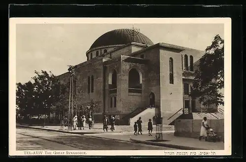 AK Tel-Aviv, Die grosse Synagoge mit Strassenpartie
