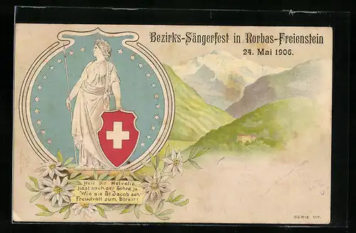 Lithographie Rorbas-Freienstein, Bezirks-Sängerfest am 24. Mai 1906 mit Helvetia mit Schild