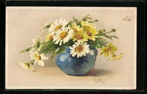 Künstler-AK Catharina Klein: Weisse und gelbe Blumen in einem blauen Krug