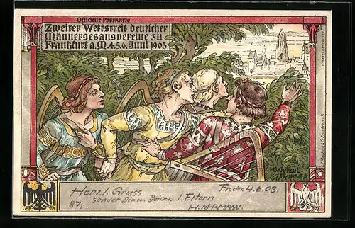 Künstler-AK Frankfurt /Main, Zweiter Wettstreit deutscher Männergesangvereine am 4. 5. 6. Juni 1903