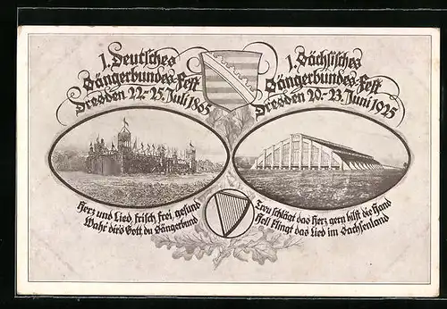 AK Dresden, 1. Sächsisches Sängerbundes-Fest, 20.-23. Juni 1925, 1. Deutsches Sängerbundes-Fest 22.- 25. Juli 1865