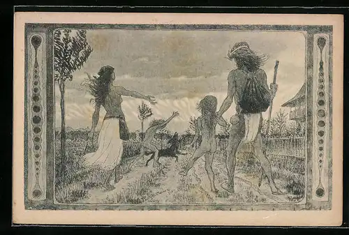Künstler-AK Fidus: Nach Hause, Kohlefotogram einer Familie die übers Feld nach Hause wandert
