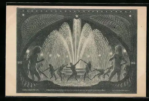 Künstler-AK Fidus: Der strahlende Quell, Kohlefotogram, Frauen tanzen um einen Springbrunnen