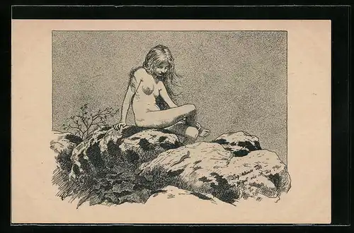 Künstler-AK Fidus: Sag kleines Tier, Nackte Frau unterhält sich mit einer Eidechse